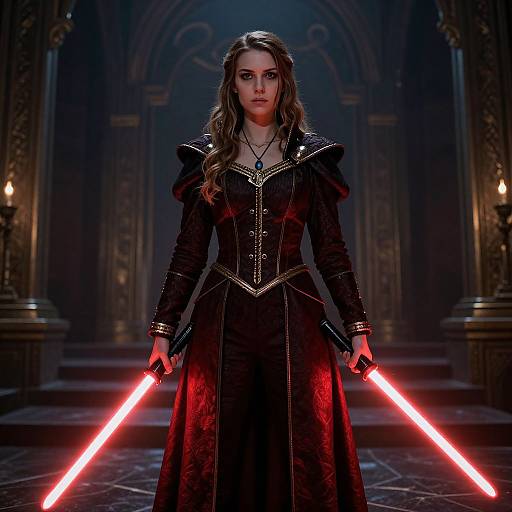 Photograph of a woman with long brown hair, wearing a black, gothic-style dress, holding red lightsabers, standing in a dimly