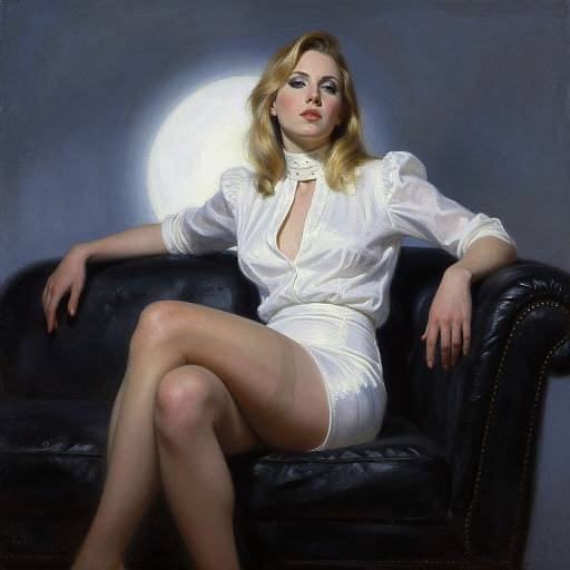 Photograph of a blonde woman with blue eyes, wearing a white satin blouse and mini skirt, seated on a black leather armchair against a dark,