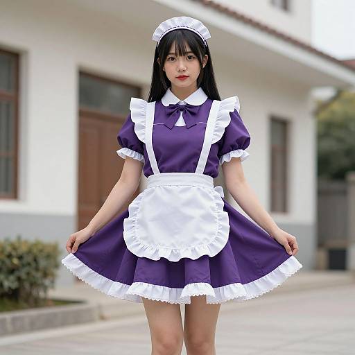 Photograph of an Asian woman with black hair, wearing a purple and white French maid outfit, standing outdoors in front of a white building with wooden windows