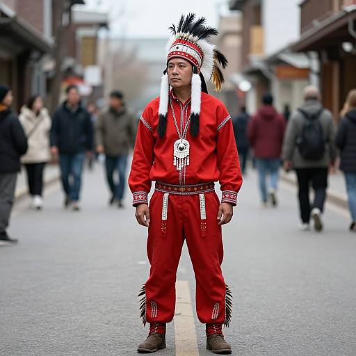 Photograph of a young Native American man in traditional red tribal attire with white and black feather headpiece, standing in a busy urban street, blurred pedestrians