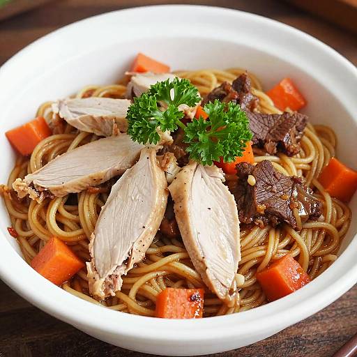Photograph of a white bowl filled with chicken noodles, orange carrot cubes, and brown beef pieces, garnished with fresh parsley.