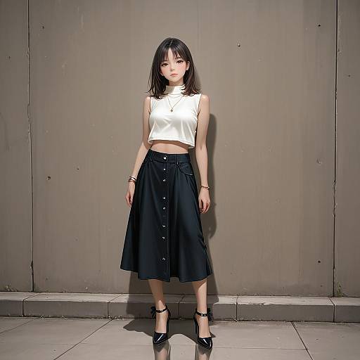 Asian Woman in White Crop Top and Black Skirt