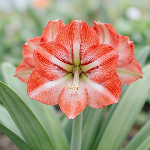 Photograph of a vivid red, red-striped lily with white accents, centered against blurred green leaves and garden background.