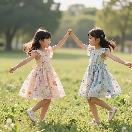 Joyful Girls Dancing in Sunlit Meadow