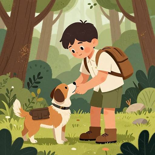 Cartoon-style illustration of a young boy with short black hair, wearing a white shirt, green shorts, and brown backpack, petting a brown and