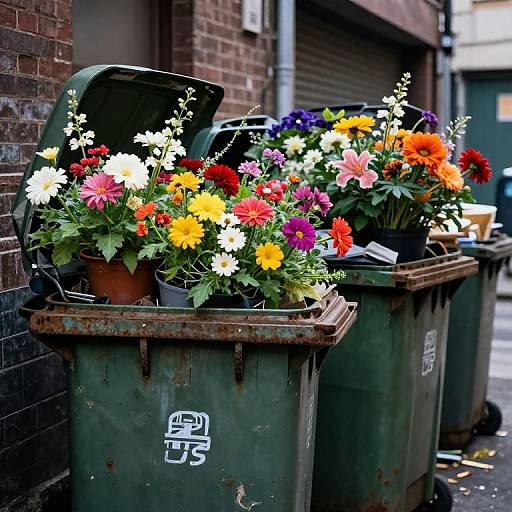 Photograph of two green, rusty, urban trash bins overflowing with vibrant red, yellow, white, and orange flowers, set against a brick wall.