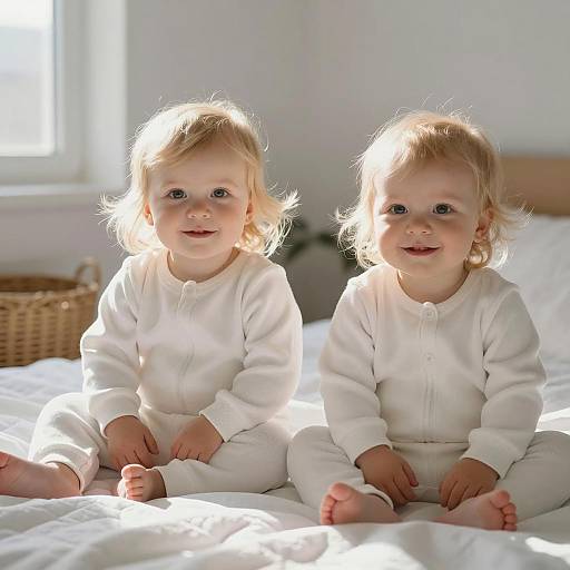 Joyful Toddlers in Sunlit Bedroom