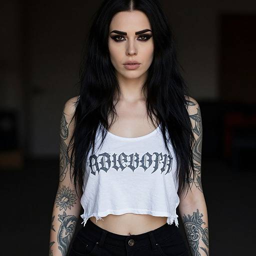 Photograph of a pale-skinned woman with long black hair, tattoos on both arms, wearing a white, frayed crop top with 
