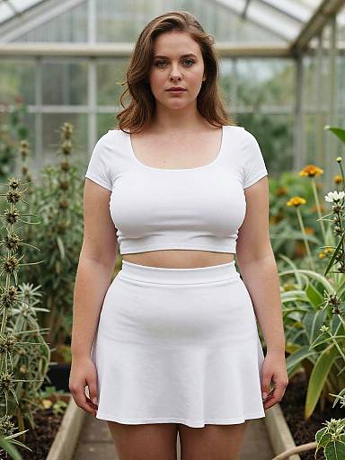 Photograph of a fair-skinned woman with brown hair, wearing a white crop top and skirt, standing in a greenhouse with plants and yellow flowers in