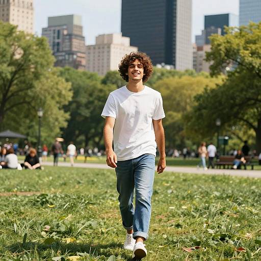Photograph of a curly-haired young man in a white t-shirt and blue jeans walking in a sunny urban park with tall buildings in the background, surrounded