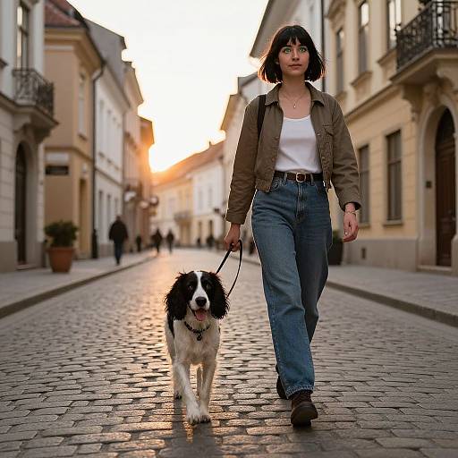 Photograph of a woman with short black hair, wearing a brown jacket and blue jeans, walking a black and white dog on a cobblestone street