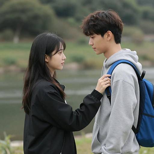 Young Asian couple by river outdoors