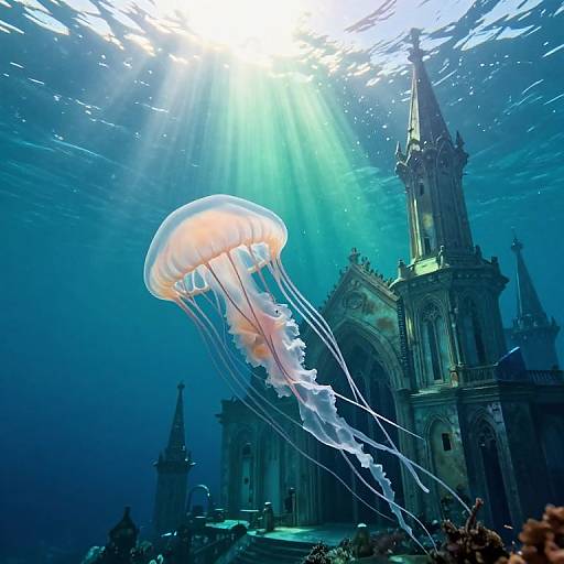 Photograph of a glowing jellyfish near a sunlit, underwater Gothic cathedral with intricate spires and arches, surrounded by blue water.
