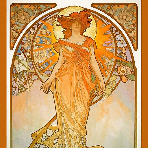 Art Nouveau-style digital illustration of a woman in an orange, flowing dress with a floral headdress, halo, and sunburst background.