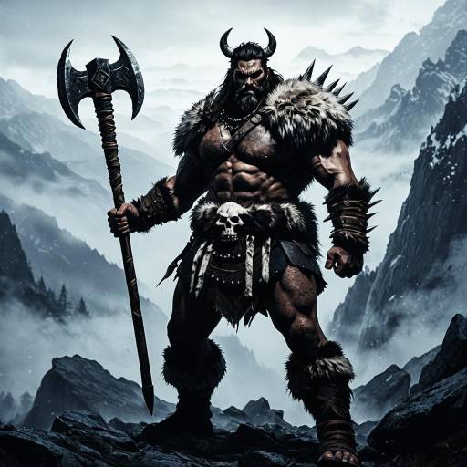 Heroic Barbarian Warrior in Foggy Mountain Pass