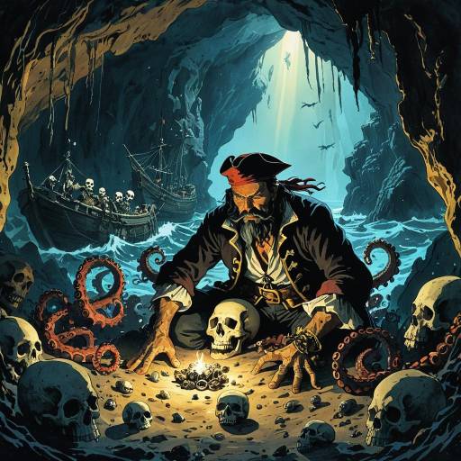 Pirate with Skull Treasure in Sea Cave