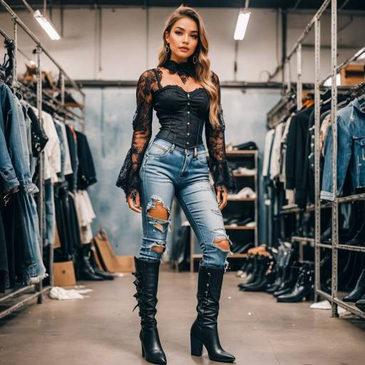 Fashionable Woman in Corset and Distressed Jeans