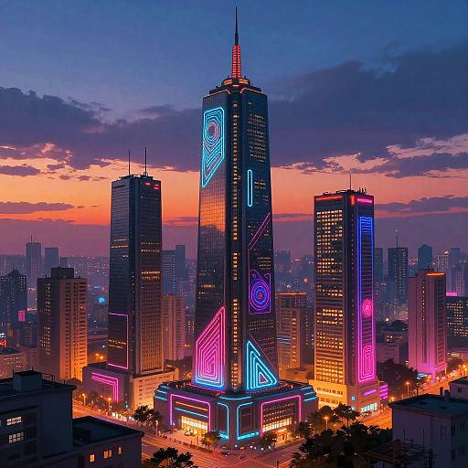 Neon-lit skyscraper cityscape at dusk, featuring brightly colored, glowing geometric patterns on tall buildings against a vibrant orange and purple sunset sky.