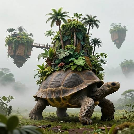Photorealistic CGI of a giant tortoise with a lush, jungle-like village on its back, set in a misty, floating-island forest