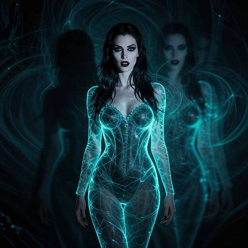 Photorealistic digital art of a pale-skinned woman with glowing blue, translucent bodysuit, dark wavy hair, intense gaze, shadowy
