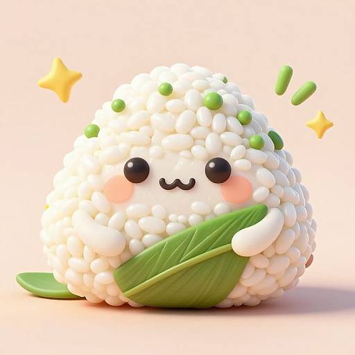 Cute CGI 3D-rendered white flower character with black eyes, pink cheeks, and a small smile, holding a green leaf against a white