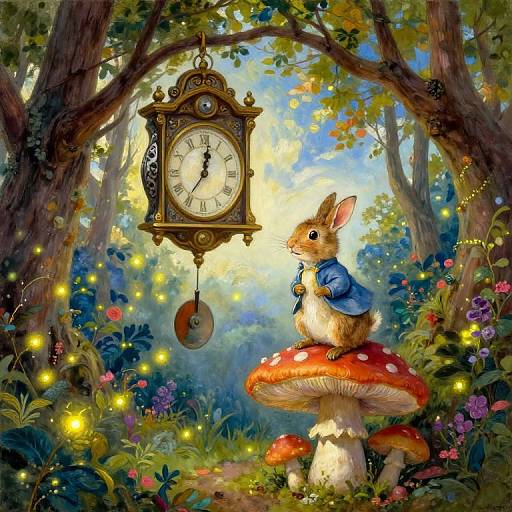 Whimsical forest scene with a clock on a tree, a rabbit in a blue shirt on a red mushroom, surrounded by glowing fireflies and vibrant