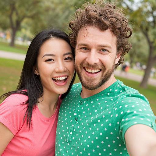 Photograph of a smiling Asian woman with black hair and a Caucasian man with curly brown hair, wearing green and pink polka dot shirts, taking a