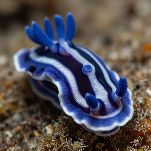 Close-up photograph of a blue and white-striped sea slug with textured, feathery blue appendages, resting on a rocky, algae-covered ocean floor
