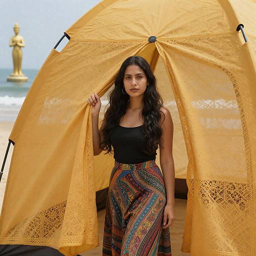 Woman in Colorful Skirt by Beach Tent