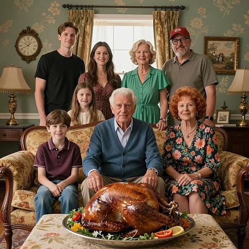 Multigenerational Family Gathering with Thanksgiving Turkey