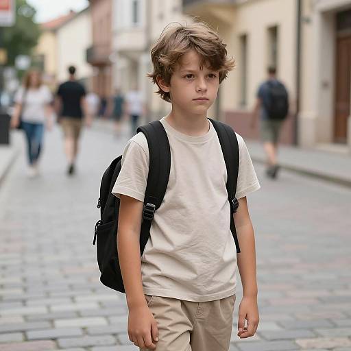 Boy with Backpack on Cobblestone Street