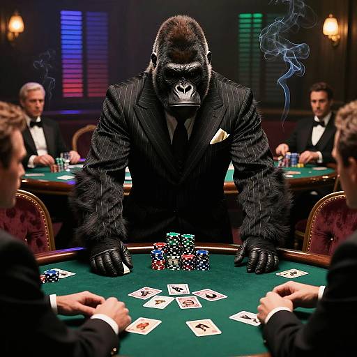 Photograph of a muscular, anthropomorphic gorilla in a black pinstripe suit, smoking, leaning over a poker table with cards and chips,