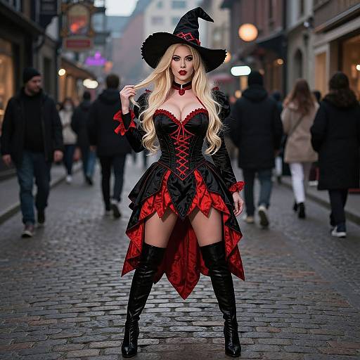Confident Blonde Witch in Dramatic Costume