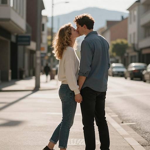 Sunlit Silhouette: Couple Kissing on Street