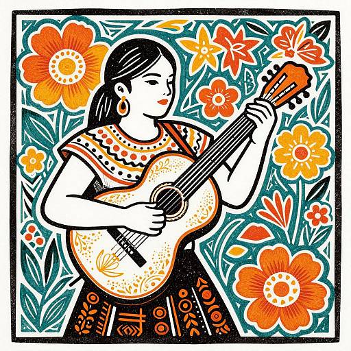 Vibrant Linocut Woman with Jarana