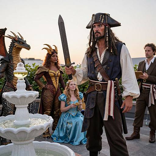 Photograph of a pirate in black tricorn and vest, holding sword, standing near a fountain with a dragon, princess in blue dress, and two