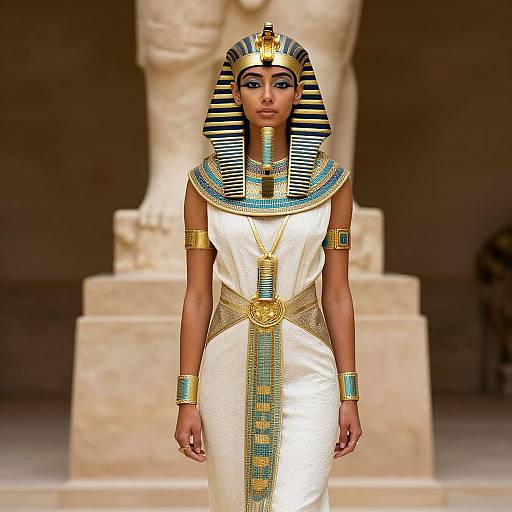 Digital artwork of an African woman in an Egyptian-style white dress with gold and blue stripes, wearing a striped headdress and jewelry, standing in front of