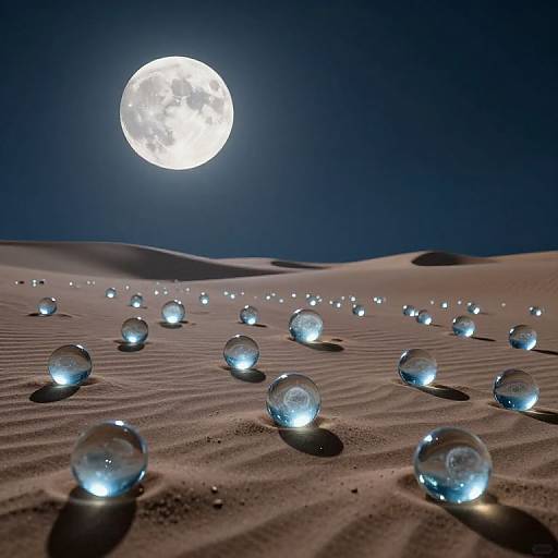 Photograph of a moonlit desert with glowing glass spheres scattered on rippling sand, reflecting moonlight under a dark, clear sky.