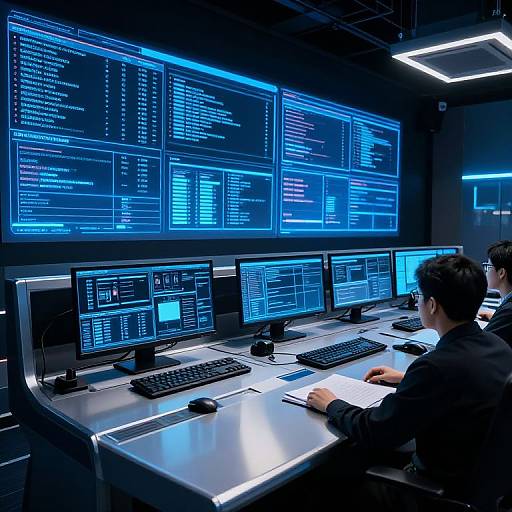 Photograph of a high-tech control room with two men in black shirts, seated at a desk, monitoring numerous glowing blue screens displaying complex data and code