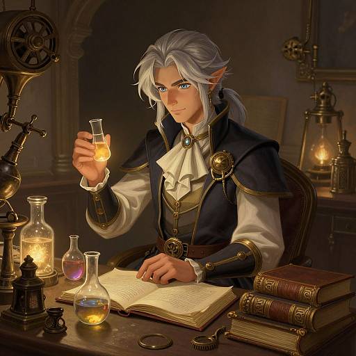 Digital art of a white-haired, blue-eyed elf alchemist in a dark blue robe, holding a glowing flask, surrounded by lanterns and books in