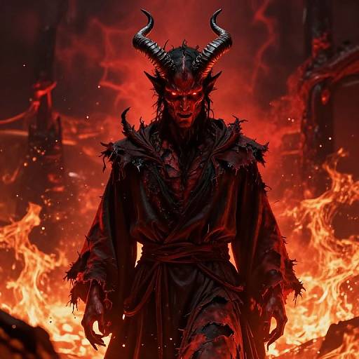 Digital illustration of a dark, demonic figure with red glowing eyes, black tattered robes, and large curved horns, standing in front of a fiery,