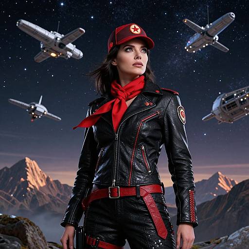 Digital artwork of a fierce woman in black leather pilot suit with red scarf and hat, standing on mountainous terrain under starry night sky, surrounded by