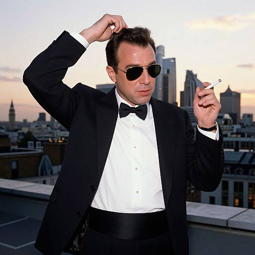 Photograph of a suave man in a black tuxedo, bow tie, and sunglasses, holding a cigarette, standing on a rooftop at sunset