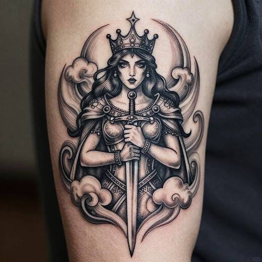 Black and gray tattoo of a regal woman with long hair, crown, and armor, holding a sword, surrounded by swirling clouds.