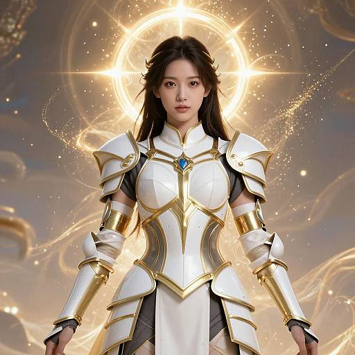 Digital artwork of an Asian woman with long black hair, wearing white and gold armored clothing, standing with a radiant halo behind her in a cosmic, star