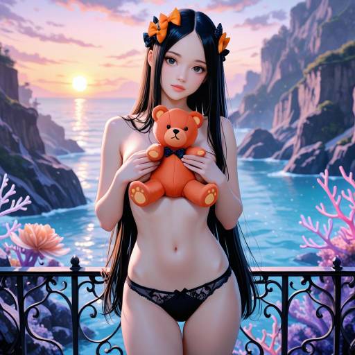 Anime girl with teddy bear at sunset