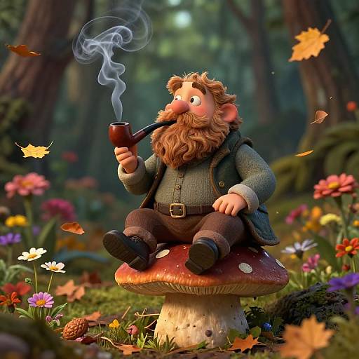 Digital illustration of a bearded, anthropomorphic gnome smoking a pipe, sitting on a mushroom in a colorful, enchanted forest.