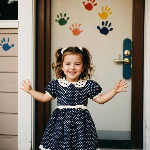 Smiling Toddler Girl in Polka Dot Dress at Daycare Doorway