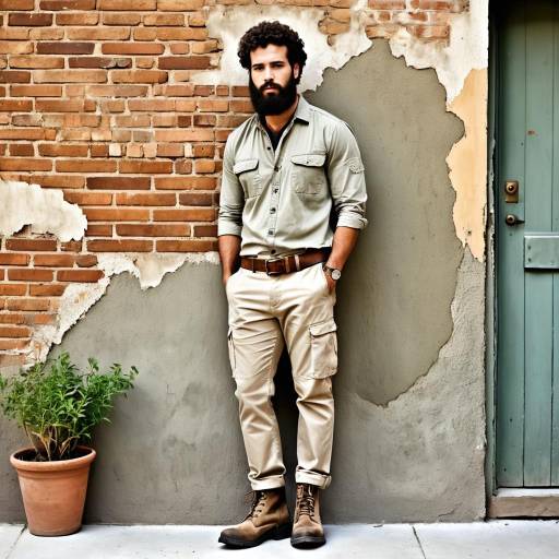 Bearded man leaning on rustic wall