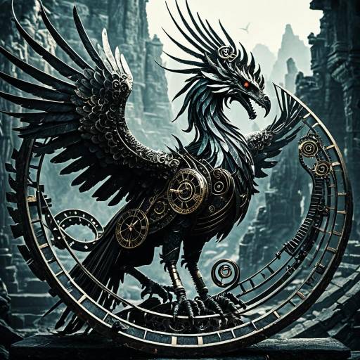 Clockwork Phoenix Sculpture in Ancient Ruins